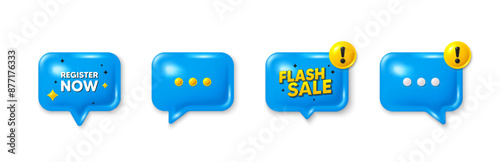 Offer speech bubble 3d icons. Register now tag. Free registration offer. Create an account message. Register now chat offer. Flash sale, danger alert. Text box balloon. Vector