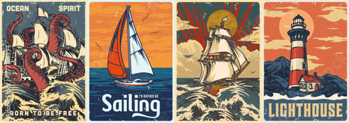 Sea adventures set flyers colorful