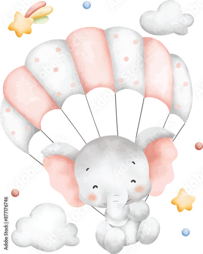 Watercolor Illustration Baby Elephant Flying with Parachute