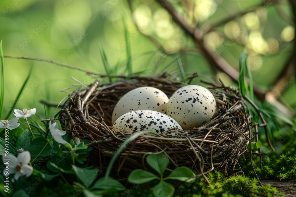 Bird Eggs in Nest on a Spring Day Bird Eggs in Nest on a Spring Day