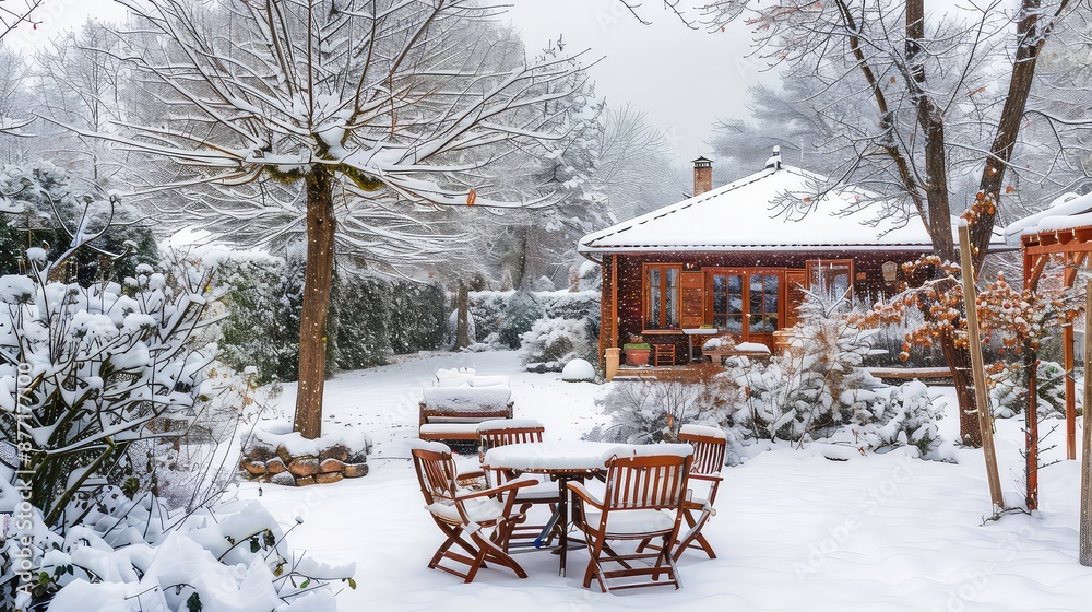 Back yard of house, trees and standing outdoor furniture covered in snow. Snowy winter day, cold weather season. Generative AI Back yard of house, trees and standing outdoor furniture covered in snow. Snowy winter day, cold weather season. Generative AI