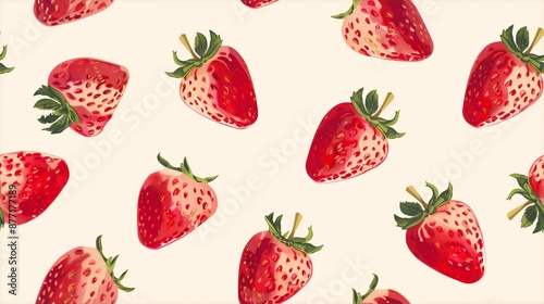 High-Quality Seamless Pattern of Fresh Red Strawberries on Light Background, Ideal for Food Packaging, Fabric Design, and Digital Artwork