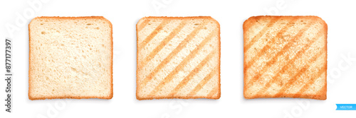 Set of sliced roasted toasts bread isolated on white background. 
Pieces of lightly toasted white bread. Close-up of toast. Top view. 3D realistic vector set