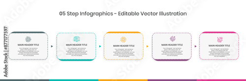 5 Steps Infographics Design Template - Graph, Pie chart, workflow layout, squire diagram, brochure, report, presentation, web design Editable Vector illustration