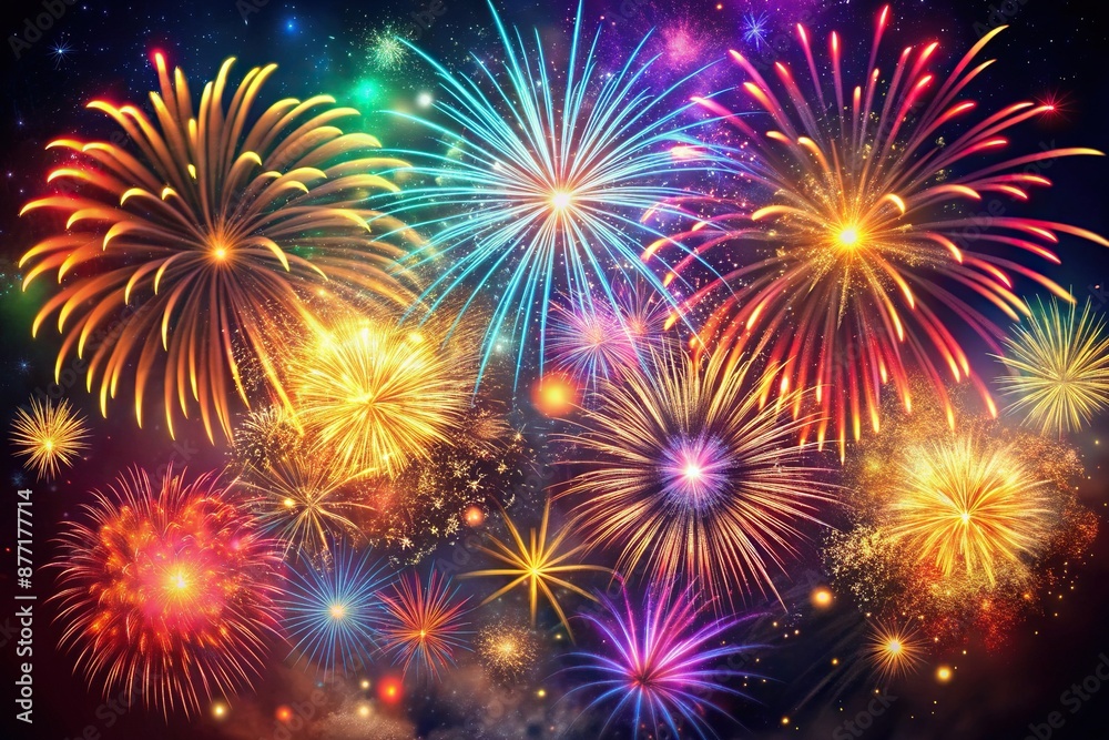 Vibrant, swirling fireworks explode in the night sky, casting a kaleidoscope of colors against a dark, gradient background, perfect for overlaying holiday messages and titles. Vibrant, swirling fireworks explode in the night sky, casting a kaleidoscope of colors against a dark, gradient background, perfect for overlaying holiday messages and titles.