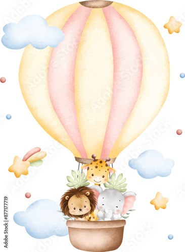 Photography Watercolor Illustration Safari Animals Flying with Hot Air Balloon