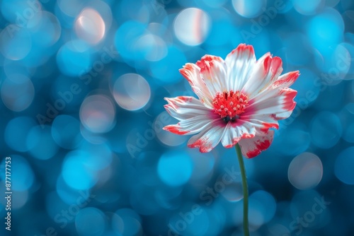 Single Pink and White Flower with Blue Bokeh Background