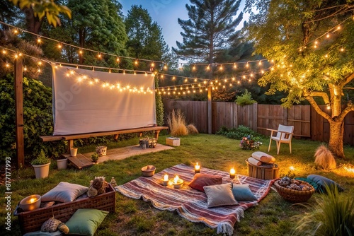 Cozy backyard setting with a large outdoor screen, projector, and blankets, surrounded by twinkling string lights, creating a warm atmosphere for a family movie night. photo