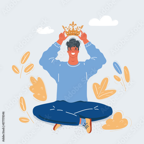 Cartoon vector illustration of man with the crown. Leader, best worker or employee. Megalomania concept.