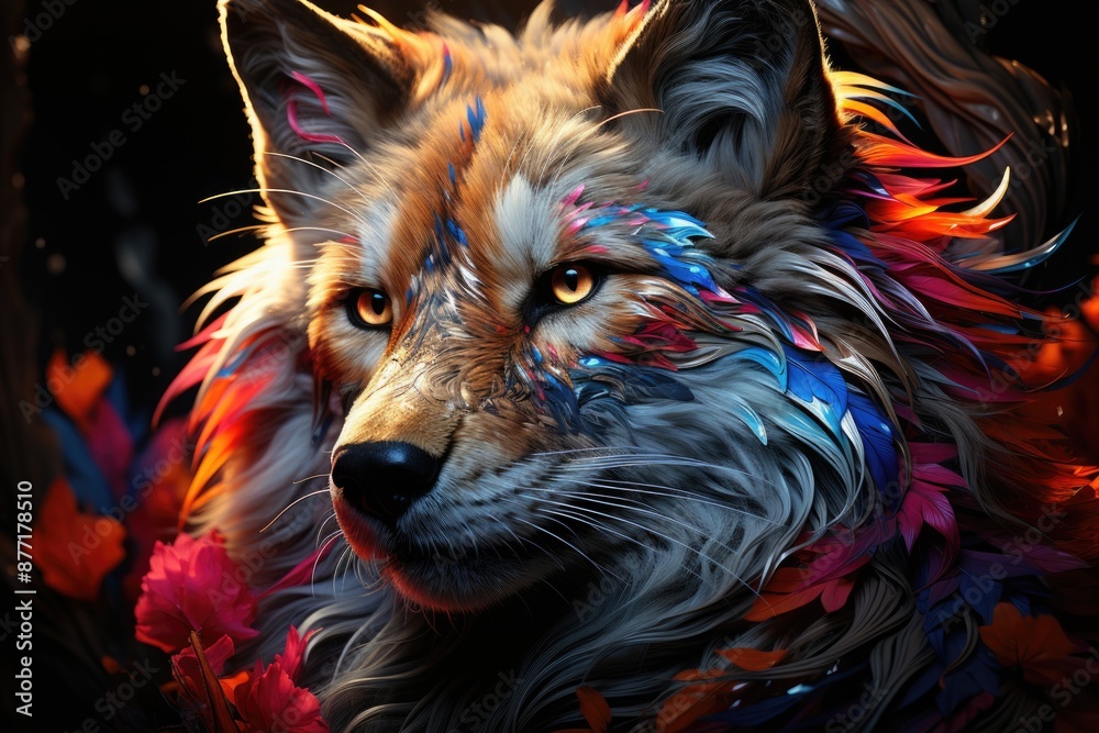 Naklejka premium Iridescent psychedelic wolf of Neon not based on any real scene or standard, generative IA