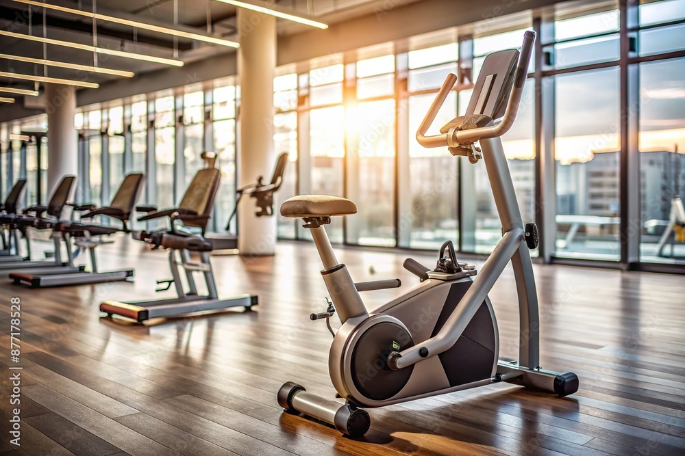 Fototapeta premium An empty exercise bike stands poised in a gym, symbolizing a commitment to fitness, with a subtle hint of a recent workout by a middle-aged woman.