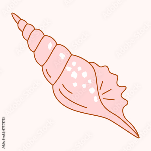 Seashell in the shape of sharp long cone twisted into spiral. Vector simple illustration in solid color with outline. Side view.