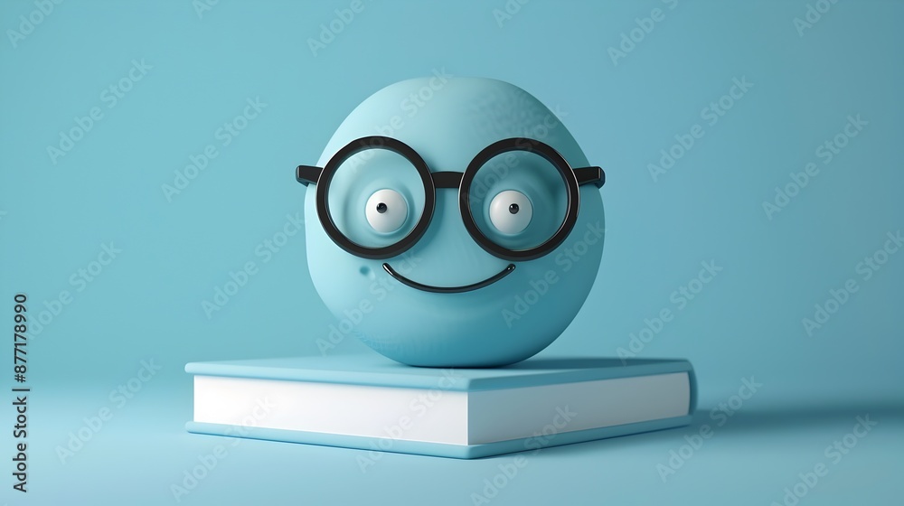 Cute Smiling 3D Book Icon with Glasses Representing Education and Learning Cute Smiling 3D Book Icon with Glasses Representing Education and Learning