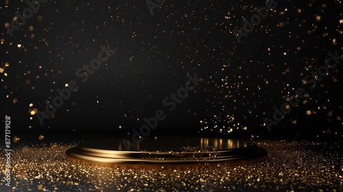 Background black podium stage gold award glitter light 3d platform product golden pedestal. Podium show black background abstract elegant ceremony dark display spotlight effect confetti night scene.