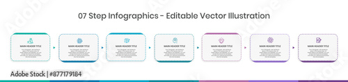 7 Steps Infographics Design Template - Graph, Pie chart, workflow layout, squire diagram, brochure, report, presentation, web design Editable Vector illustration