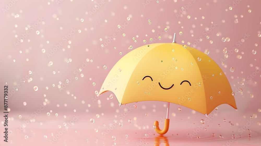 Cheerful 3D Render of Smiling Umbrella with Raindrops,Weather Themed Cheerful 3D Render of Smiling Umbrella with Raindrops,Weather Themed