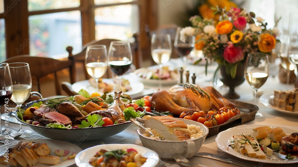 A Festive Table Setting with Roasted Poultry and Side Dishes A Festive Table Setting with Roasted Poultry and Side Dishes