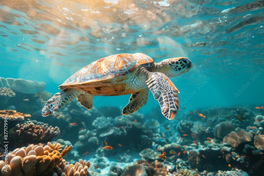 Obraz premium Sea Turtle Swimming in Vibrant Coral Reef