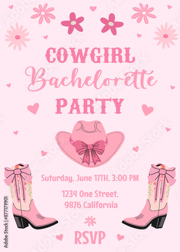 Hen Party invitation card. Last rodeo. Bachelorette party invitation template with cowboy hats, bows and flowers. Girls disco party. Wedding stationery. Vector illustration. On pink background