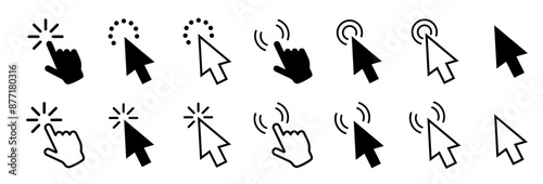 Cursor. Click icon. Clicking cursor or pointer icon. Arrow icons set and loading icons. Click mouse cursor icons. Vector illustration