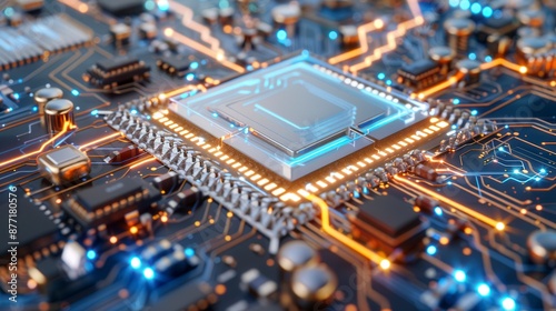 Close-up of a microchip on a printed circuit board with glowing circuits, representing advanced technology and electronics.