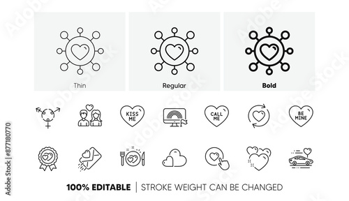 Heart, Love award and Like button line icons. Pack of Lgbt, Dating, Kiss me icon. Update relationships, Love letter, Be mine pictogram. Genders, Call me, Romantic dinner. Line icons. Vector