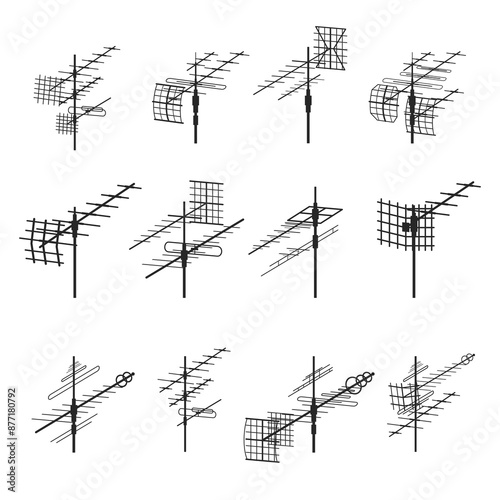 Television antenna silhouette isometric minimalist monochrome icon set vector illustration