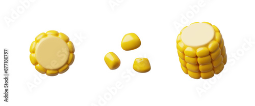 3D illustration with a set of ears and corn kernels on a white background