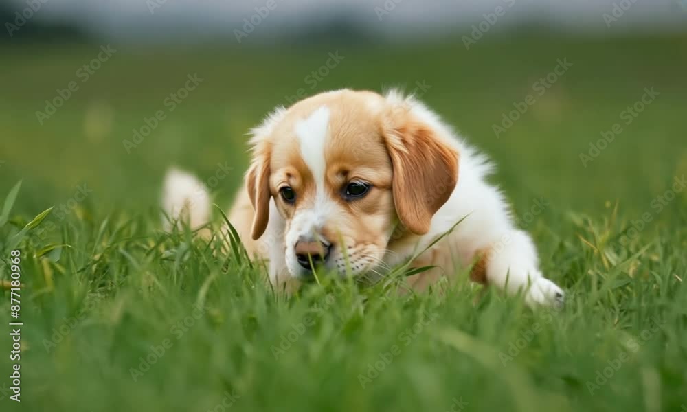 Wide of a Golden Retriever Puppy Laying in the Grass Wide of a Golden Retriever Puppy Laying in the Grass
