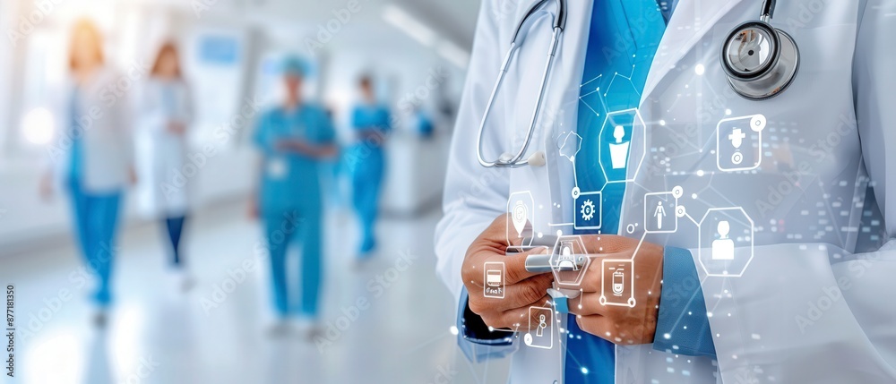 Fototapeta premium Doctor using digital tablet in modern hospital with futuristic healthcare icons overlay, representing medical technology and innovation.