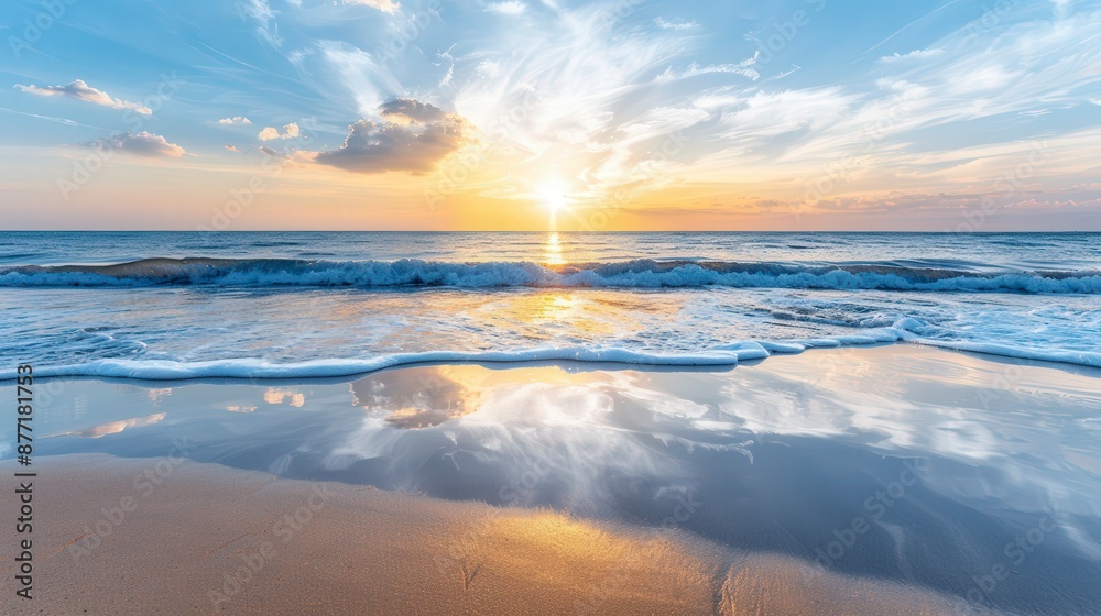 Fototapeta premium Stunning sunset over a calm ocean with waves gently hitting the sandy shore, creating a serene and reflective landscape.