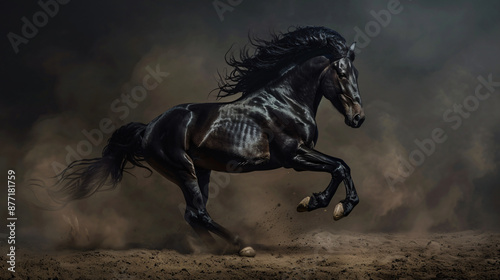 Black Friesian horse rearing up in dust on dark background. Photorealistic, detailed and natural look