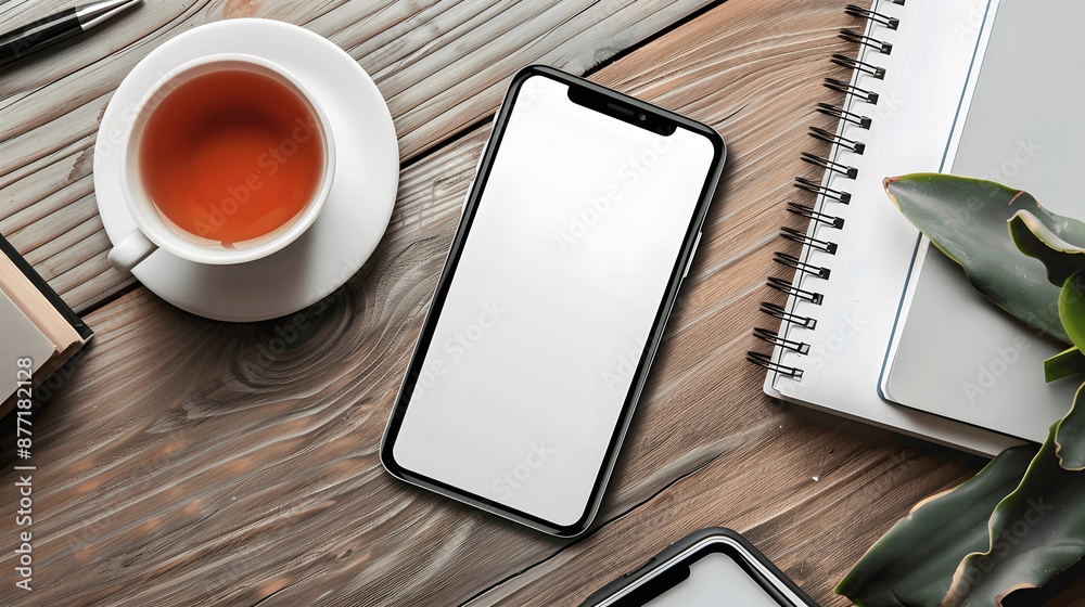 Smartphone on study table mockup, blank white screen, app showcase template, front perspective Smartphone on study table mockup, blank white screen, app showcase template, front perspective