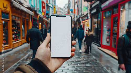 Hand holding smartphone mockup on urban street, blank white screen, app showcase template, front perspective