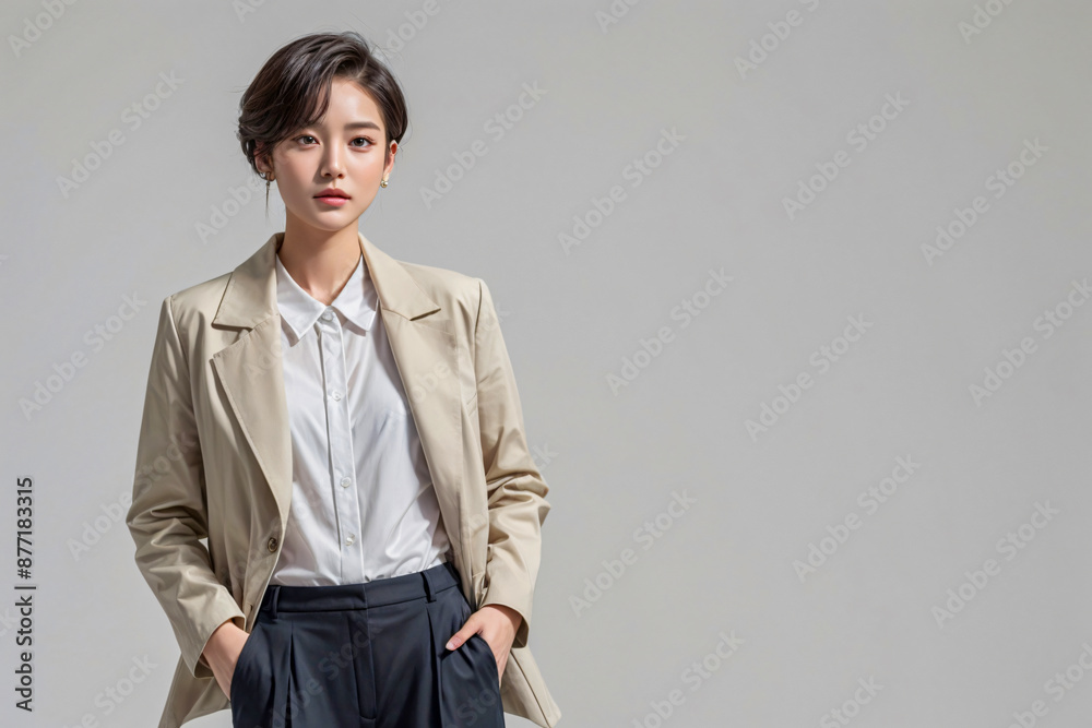 Beautiful female model with a relaxed and modern appearance, posing confidently Beautiful female model with a relaxed and modern appearance, posing confidently