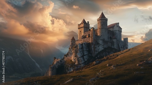A Majestic Castle Perched on a Mountaintop at Sunset photo