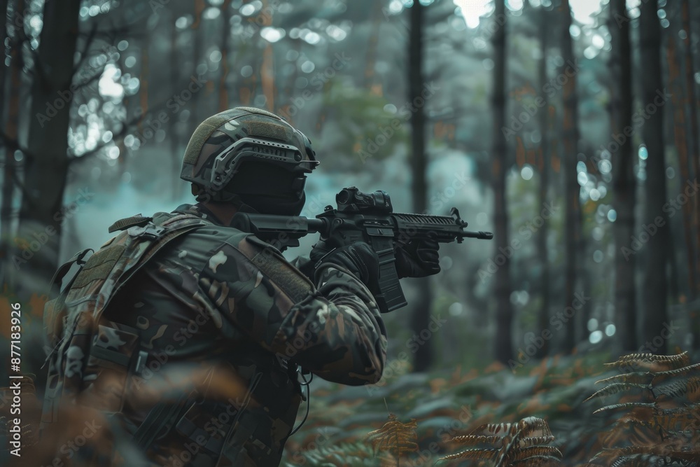 Armed military person in camouflage attire aiming a gun amidst a dense, misty forest Armed military person in camouflage attire aiming a gun amidst a dense, misty forest