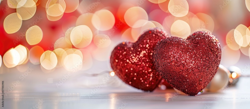 Valentine s Day theme with shiny red heart shapes on a white background set in soft focus creating a bokeh effect around copy space image Valentine s Day theme with shiny red heart shapes on a white background set in soft focus creating a bokeh effect around copy space image