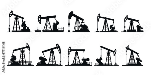 Oil pumpjack rig gas fuel drilling production black silhouette icon set vector flat illustration