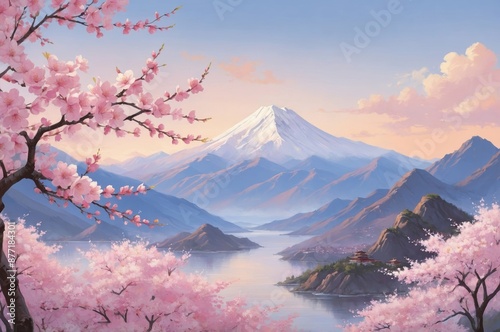 Illustration of pink blossoms and snow-capped majestic mountain