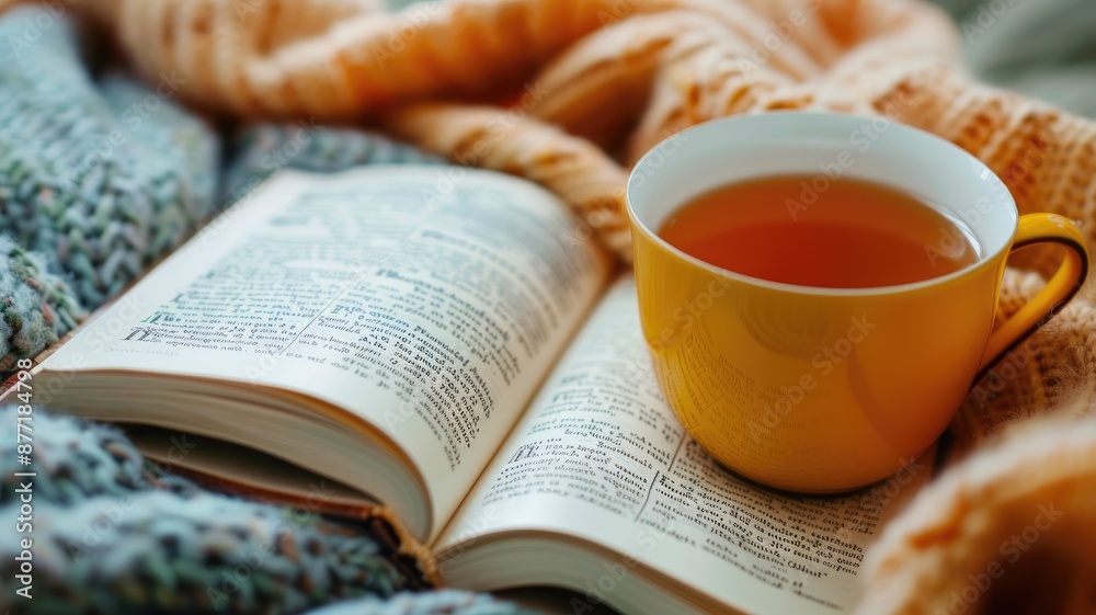 Cup of tea on open book, with cozy blanket Cup of tea on open book, with cozy blanket