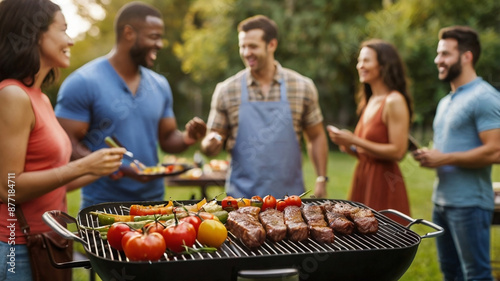 AIcreated BBQ party scene focus on grilling meat and veggies friends blurred photo