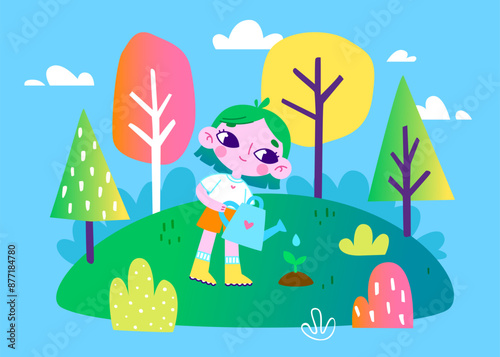 Cartoon girl plant trees in the forest. Cute volunteer child seeding tree in the park.