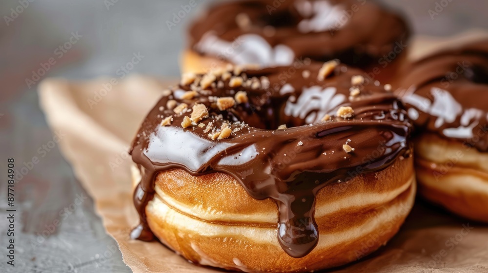Chocolate-glazed donuts with nuts on brown paper Chocolate-glazed donuts with nuts on brown paper