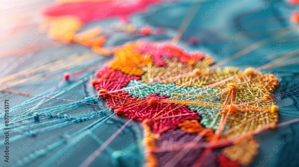 Obraz premium Colorful thread art depicting interconnected pattern on map