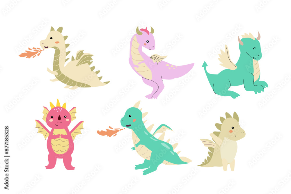 Obraz premium Childrens dragons collection. Fairy cute animals in childish style. Magic characters in scandinavian style. Baby dragons bundle.