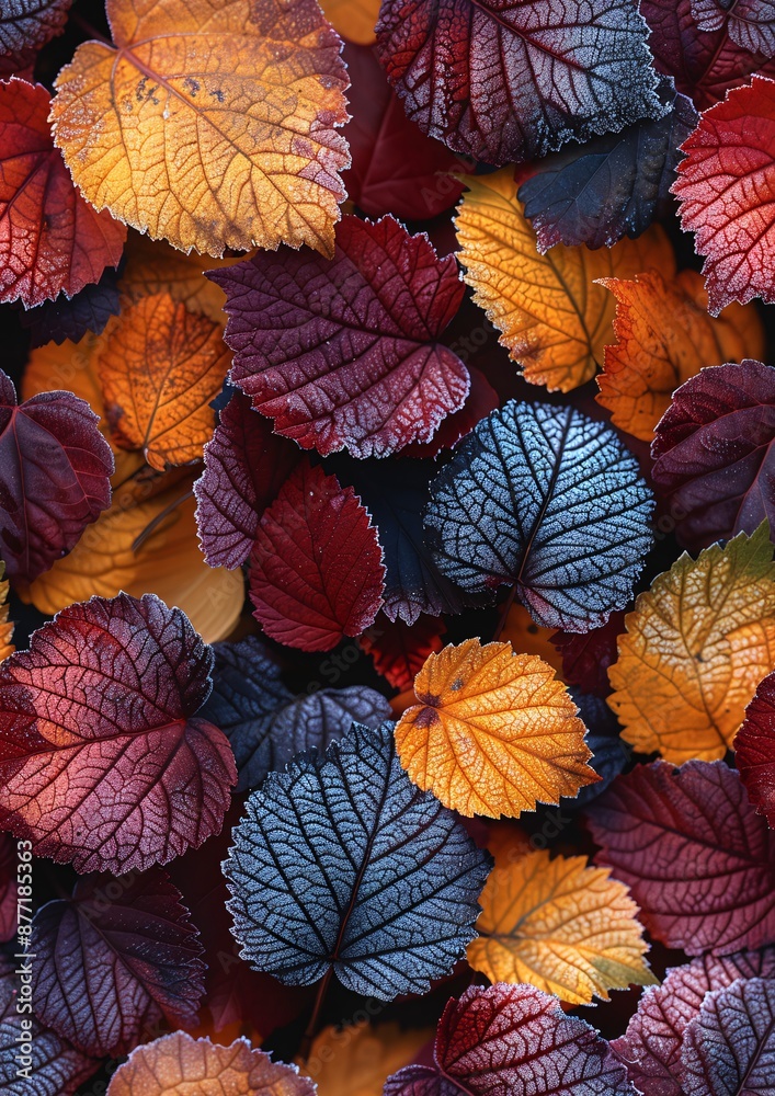 Fototapeta premium Vibrant Multicolored Autumn Leaves in a Detailed Close-Up for Seasonal Backgrounds