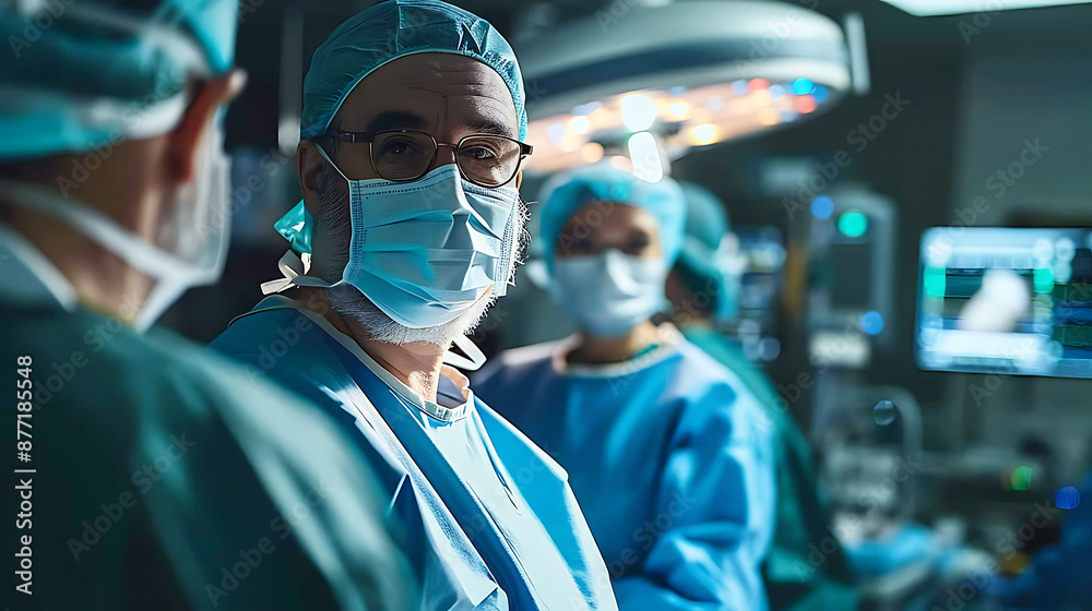 The surgeon is in the operating room with equipment and surgical assistants. The surgeon is in the operating room with equipment and surgical assistants.