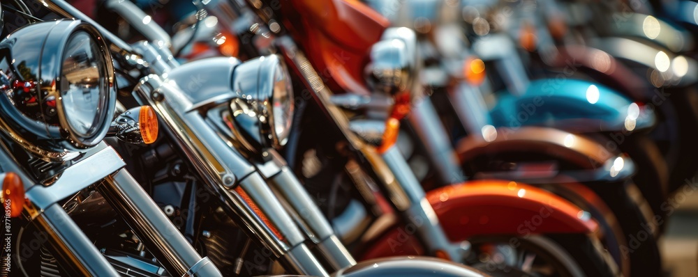 View of front wheel of motorbikes standing in the row. View of front wheel of motorbikes standing in the row.