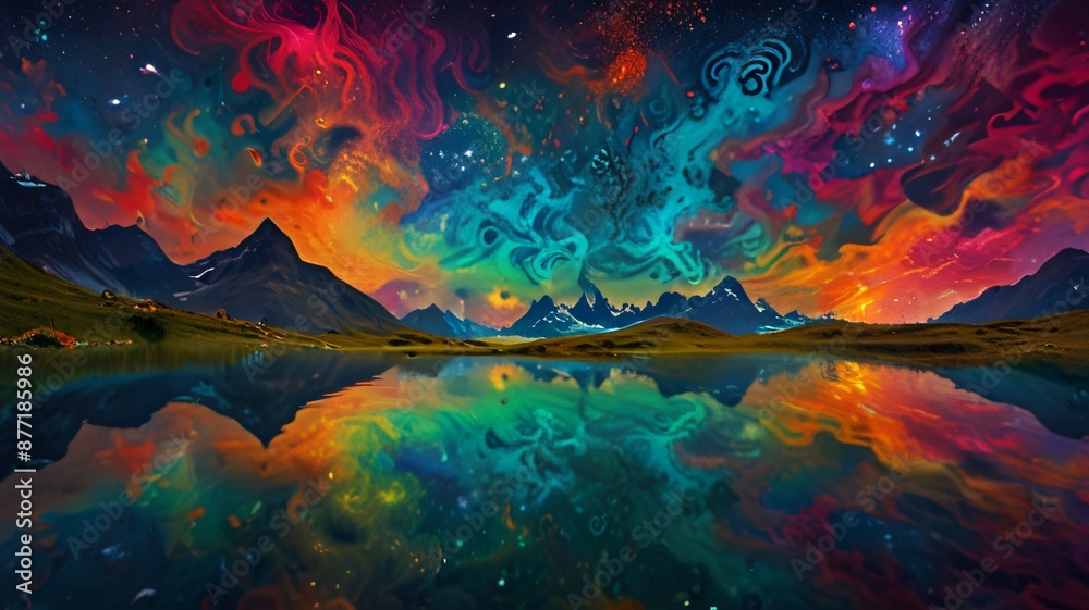 Fototapeta premium Fantasy epic magic mountain landscape, Mystical spring valley, Panoramic view of big mountains and lake, Mountains landscape, Rural nature background, hills horizon for multimedia content creation
